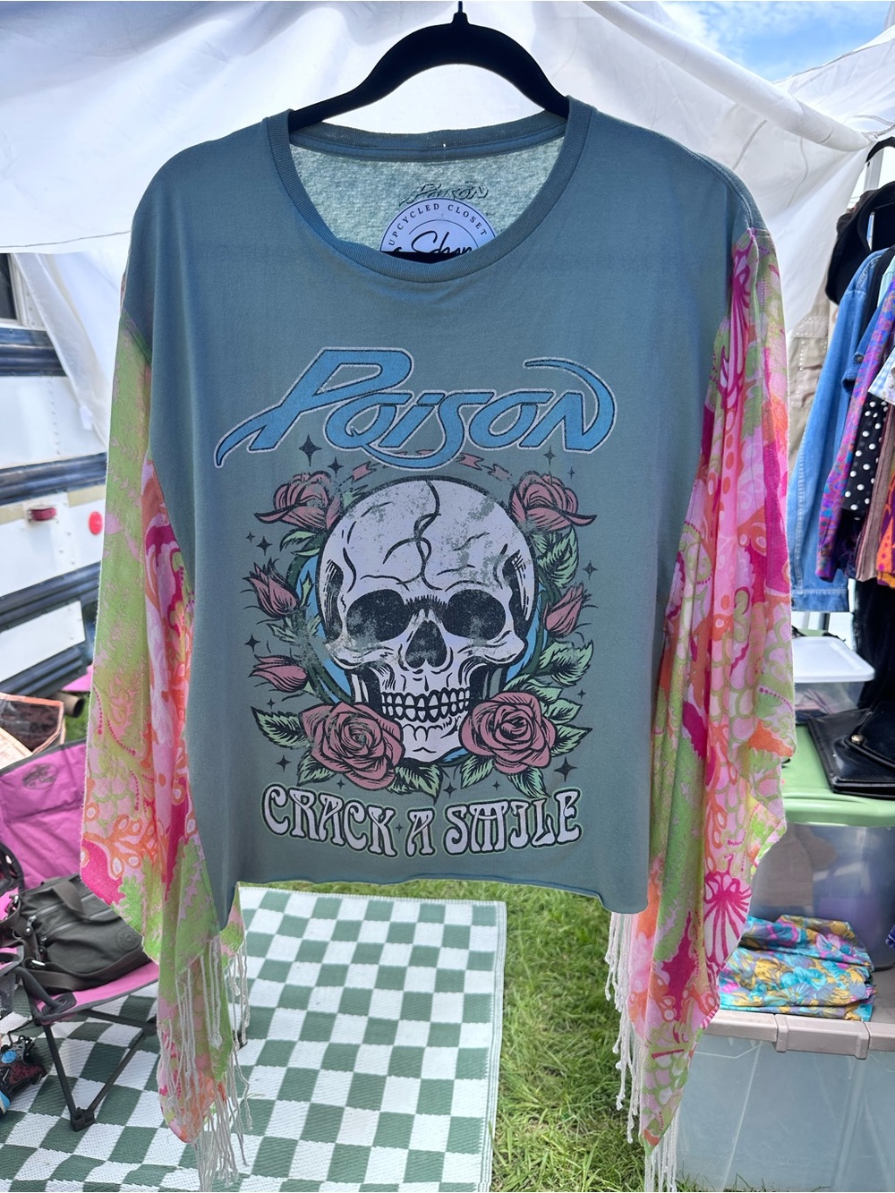 Custom Poison Skull Graphic Tee with Boho Fringe Sleeves